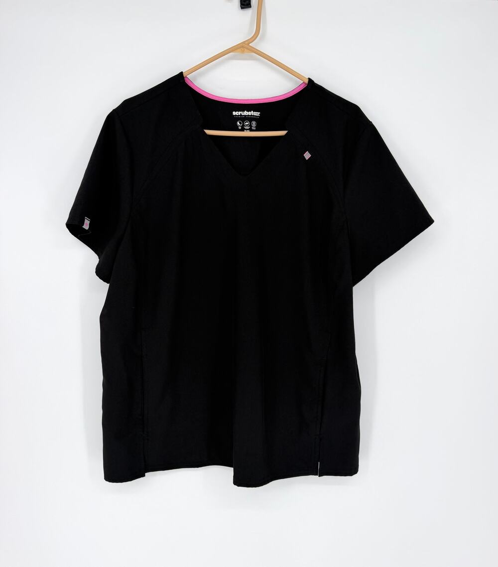 Scrubstar Premium Scrub Top Womens XL Black Pink Trim Stretch V Neck Pockets